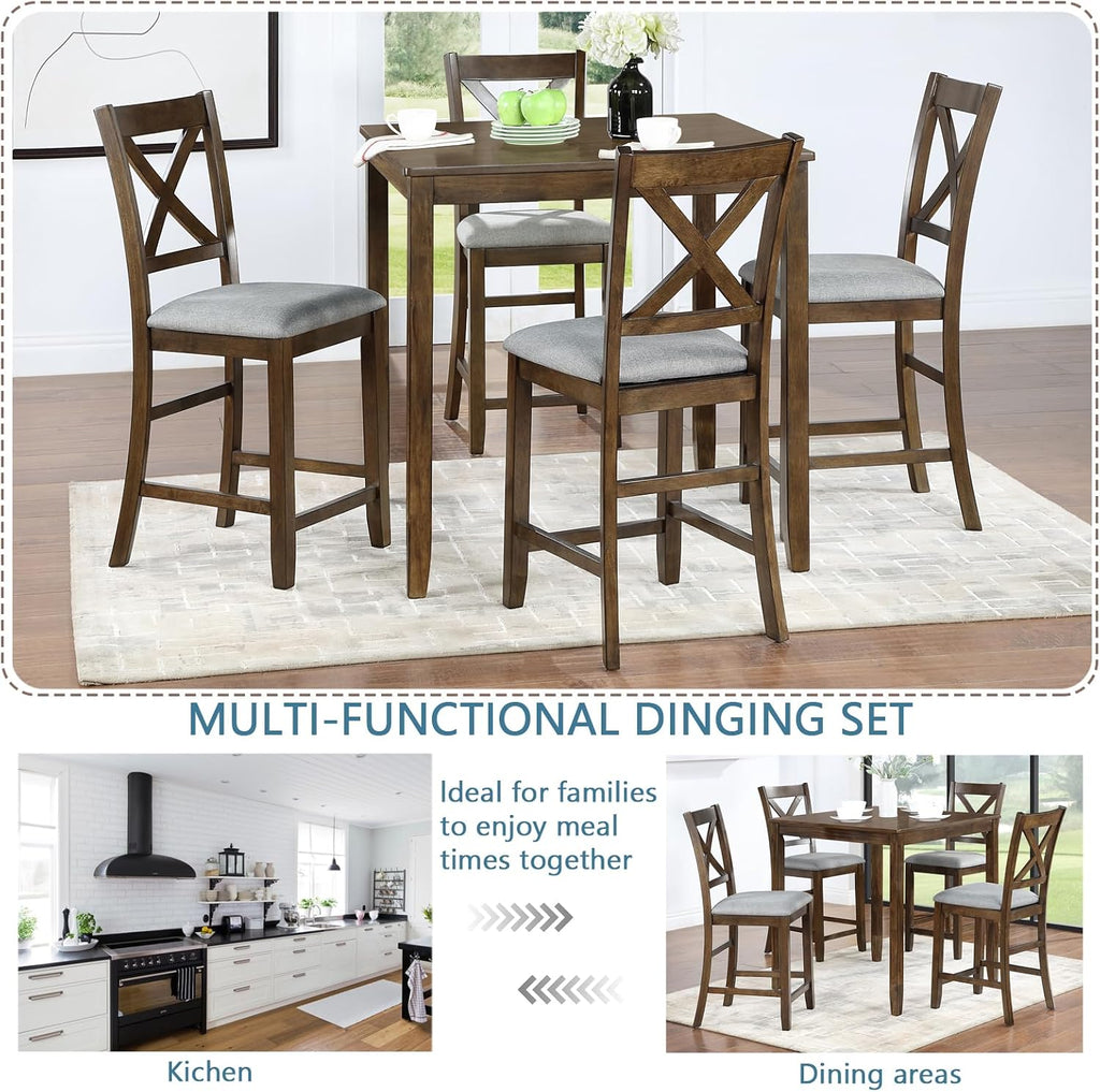 KEIKI 5-Piece Counter Height Dining Table Set with Square Table and 4 Upholstered X-Shaped Backrset Chair, for 4 Person, Modern Style Wooden Table Set, Easy Assembly, for Kitchen, Dining Room, Walnut
