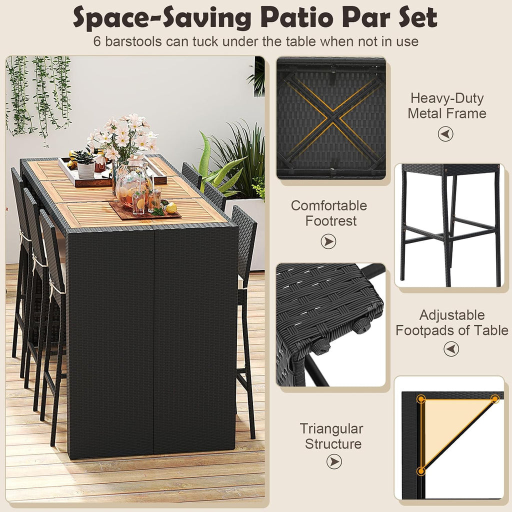 Tangkula 7 Piece Patio Wicker Bar Set, Patiojoy Outdoor Acacia Wood Bar Height Table & 6 Rattan Bar Stool Chairs with Backrest and Footrest, for Bistro Garden Balcony