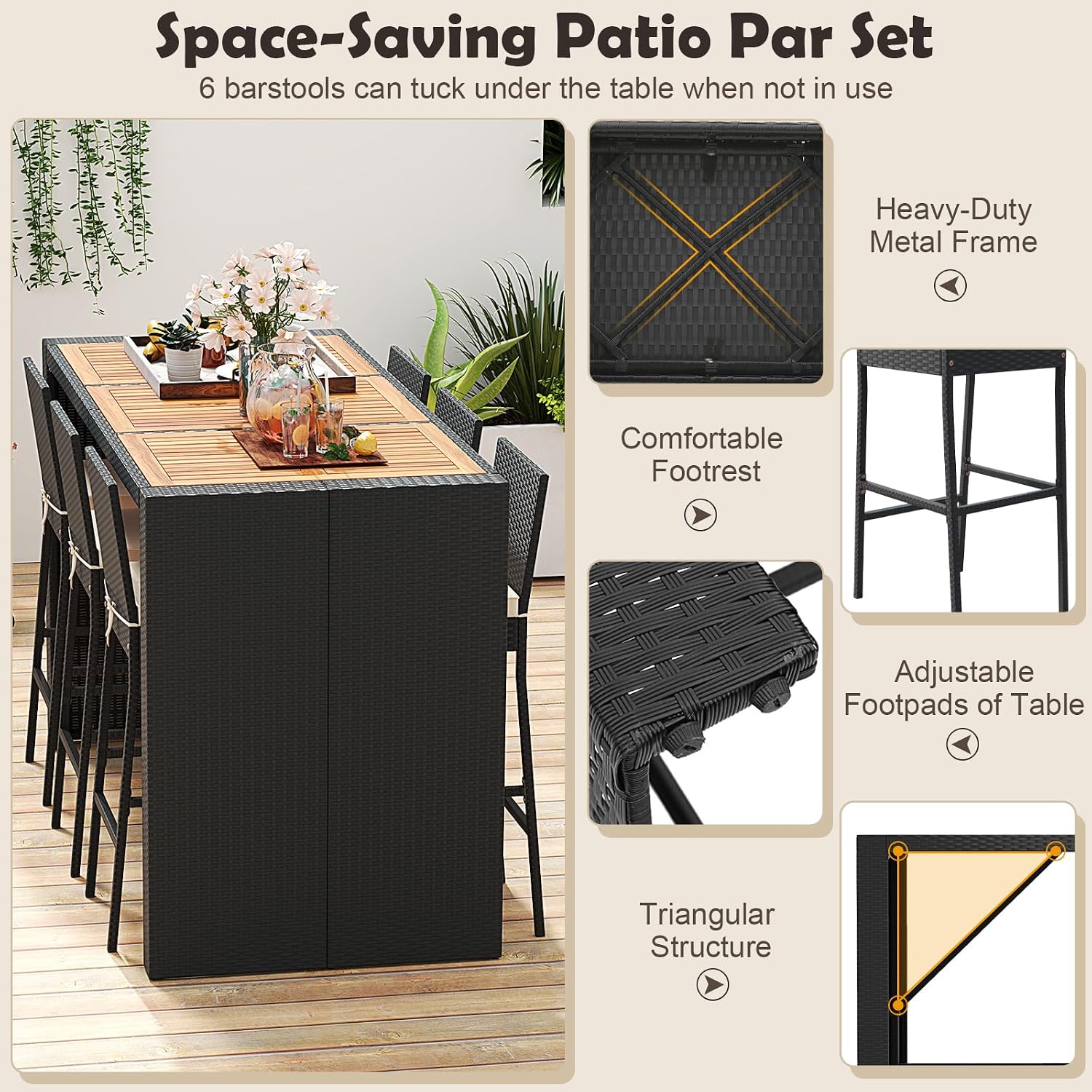 Tangkula 7 Piece Patio Wicker Bar Set, Patiojoy Outdoor Acacia Wood Bar Height Table & 6 Rattan Bar Stool Chairs with Backrest and Footrest, for Bistro Garden Balcony