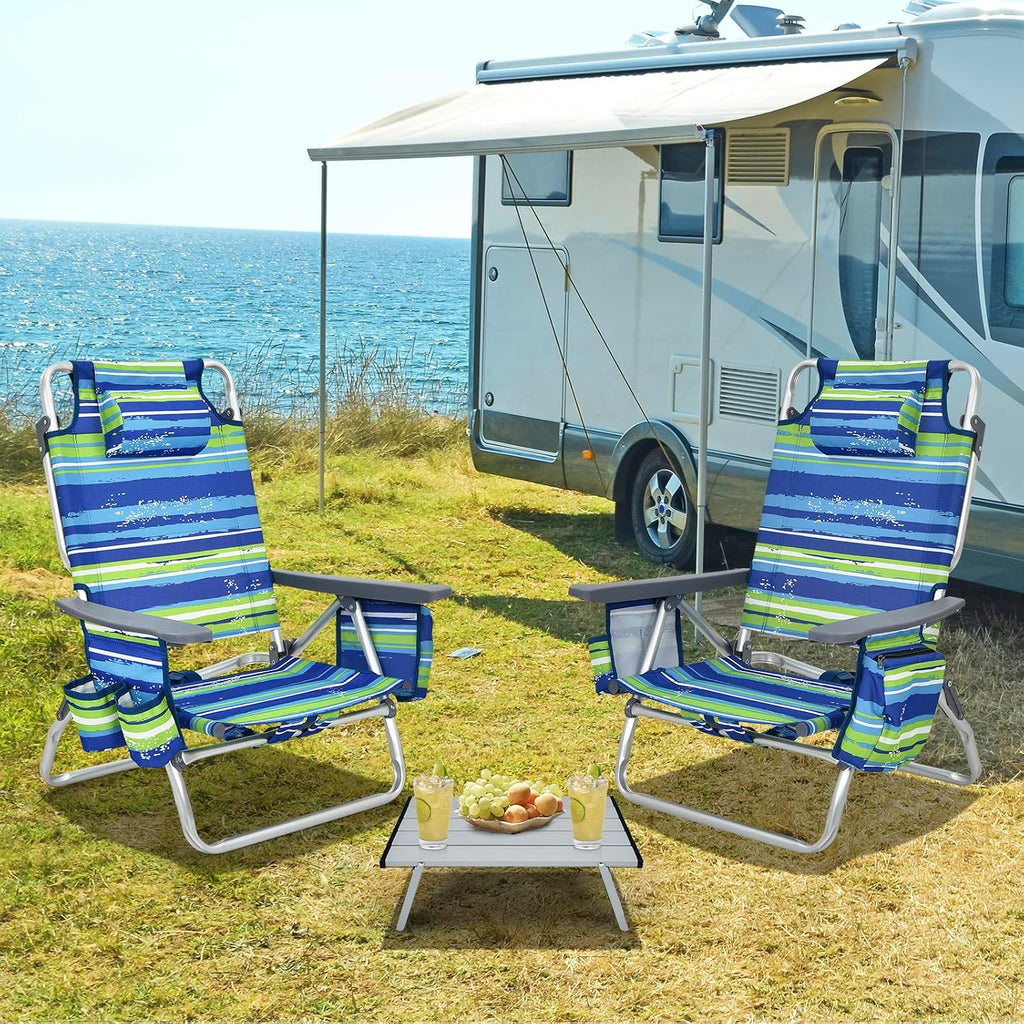 Tangkula Backpack Beach Chair with Table, 5-Position Lay Flat Beach Chairs with Cooler Bag, 2 Cup Holders, Towel Bar, Lightweight Low Folding Beach Chair with Backpack Straps