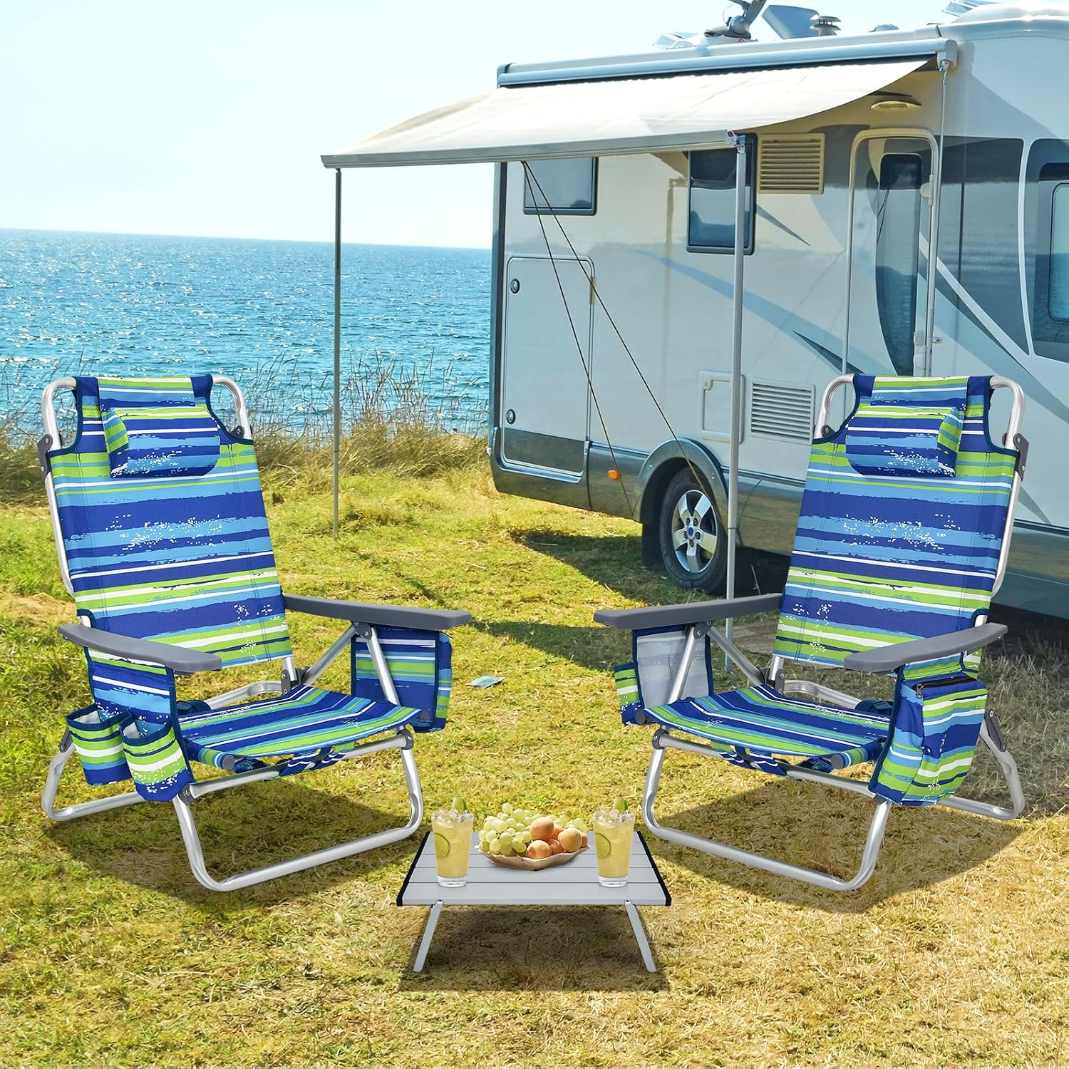 Tangkula Backpack Beach Chair with Table, 5-Position Lay Flat Beach Chairs with Cooler Bag, 2 Cup Holders, Towel Bar, Lightweight Low Folding Beach Chair with Backpack Straps