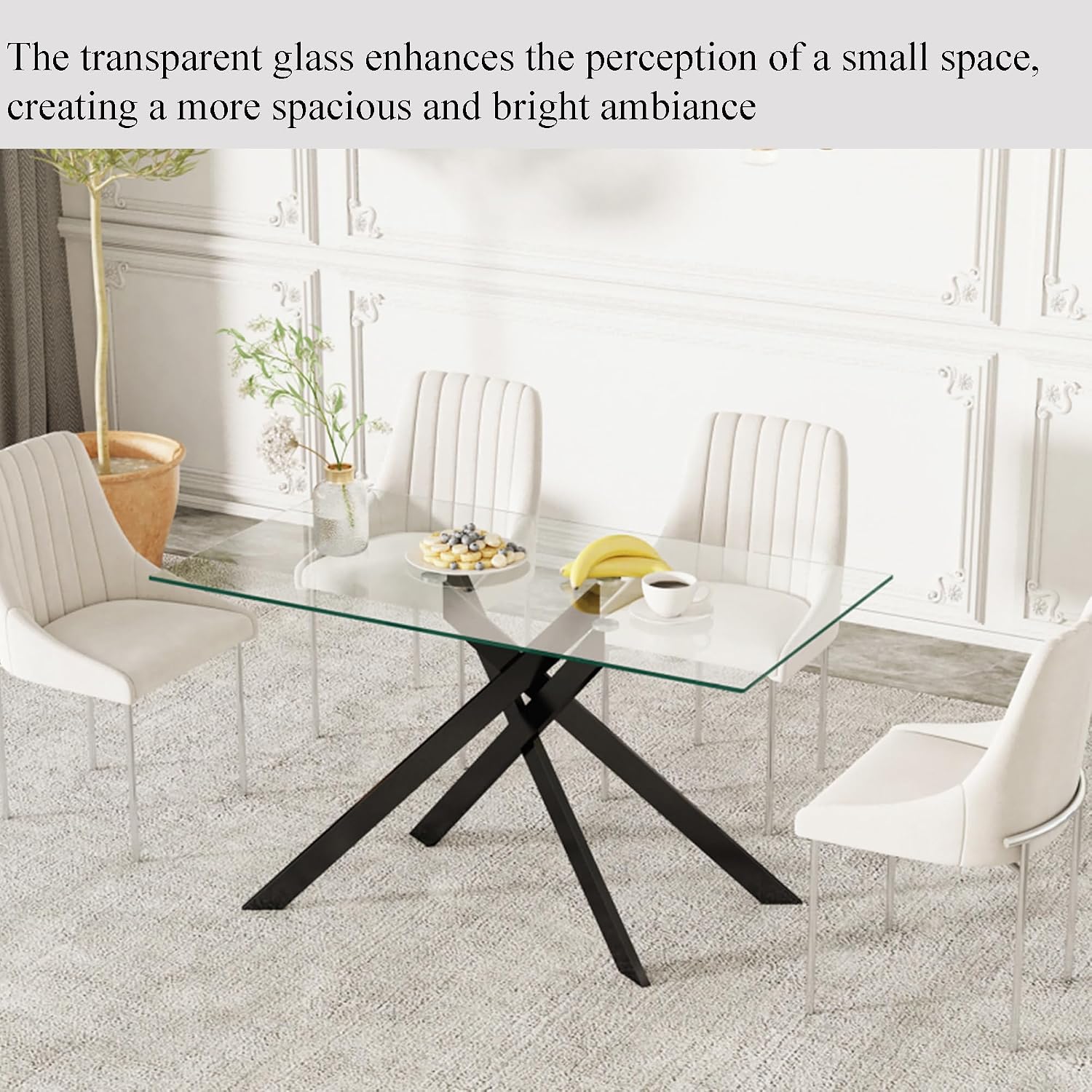 51.18' Rectangular Glass Dining Table, Tempered Glass Kitchen Tabe with Metal Legs, Stylish and Sturdy Dinner Table for Home and Outdoor Dining (Black, 51.18'')