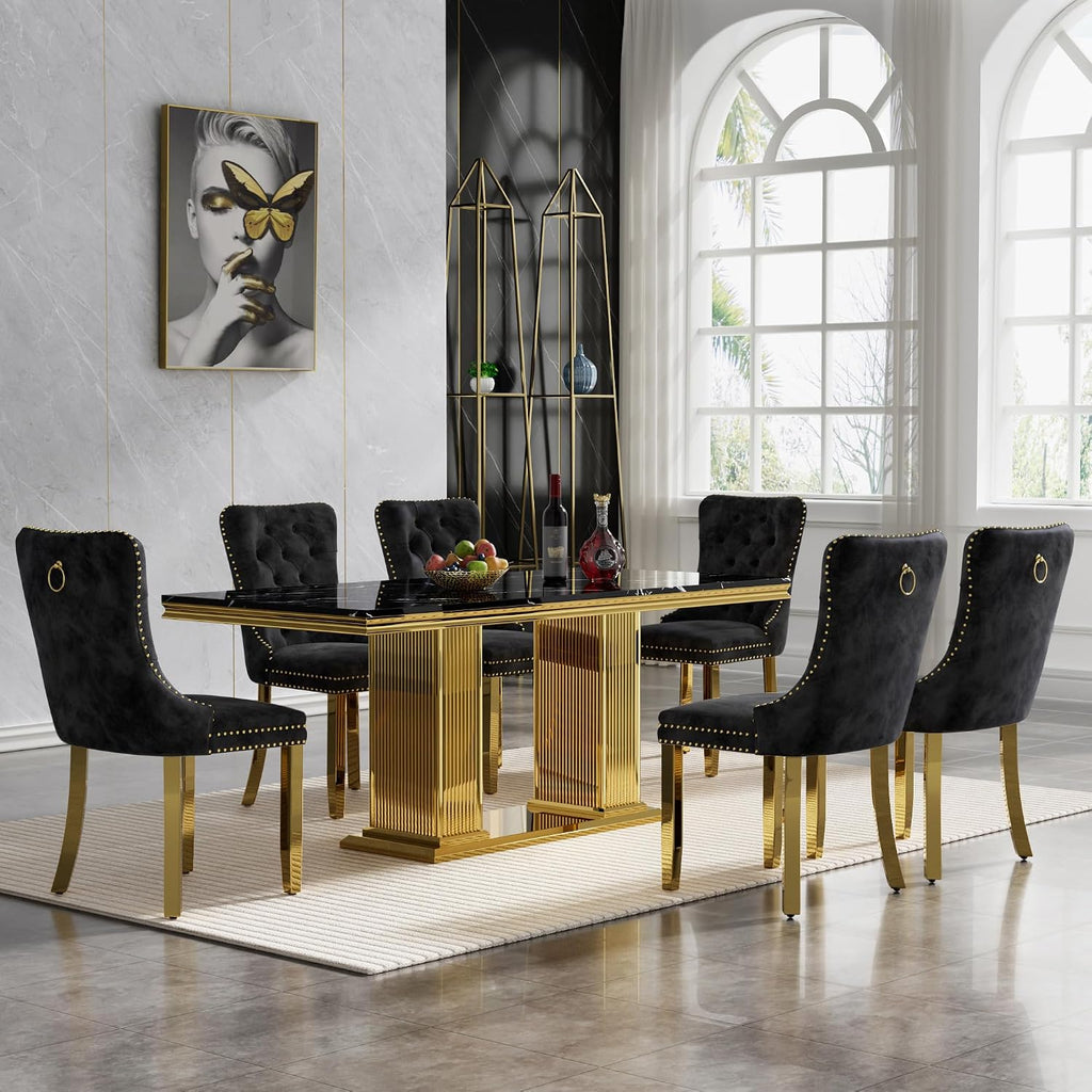 68' Black Marble Dining Table for 6 to 8, Luxury Large Rectangular Faux Marble Tabletop & Gold Double Pedestal Base, Mid Century Modern Kitchen Dining Room Table for Dinner Family Gathering