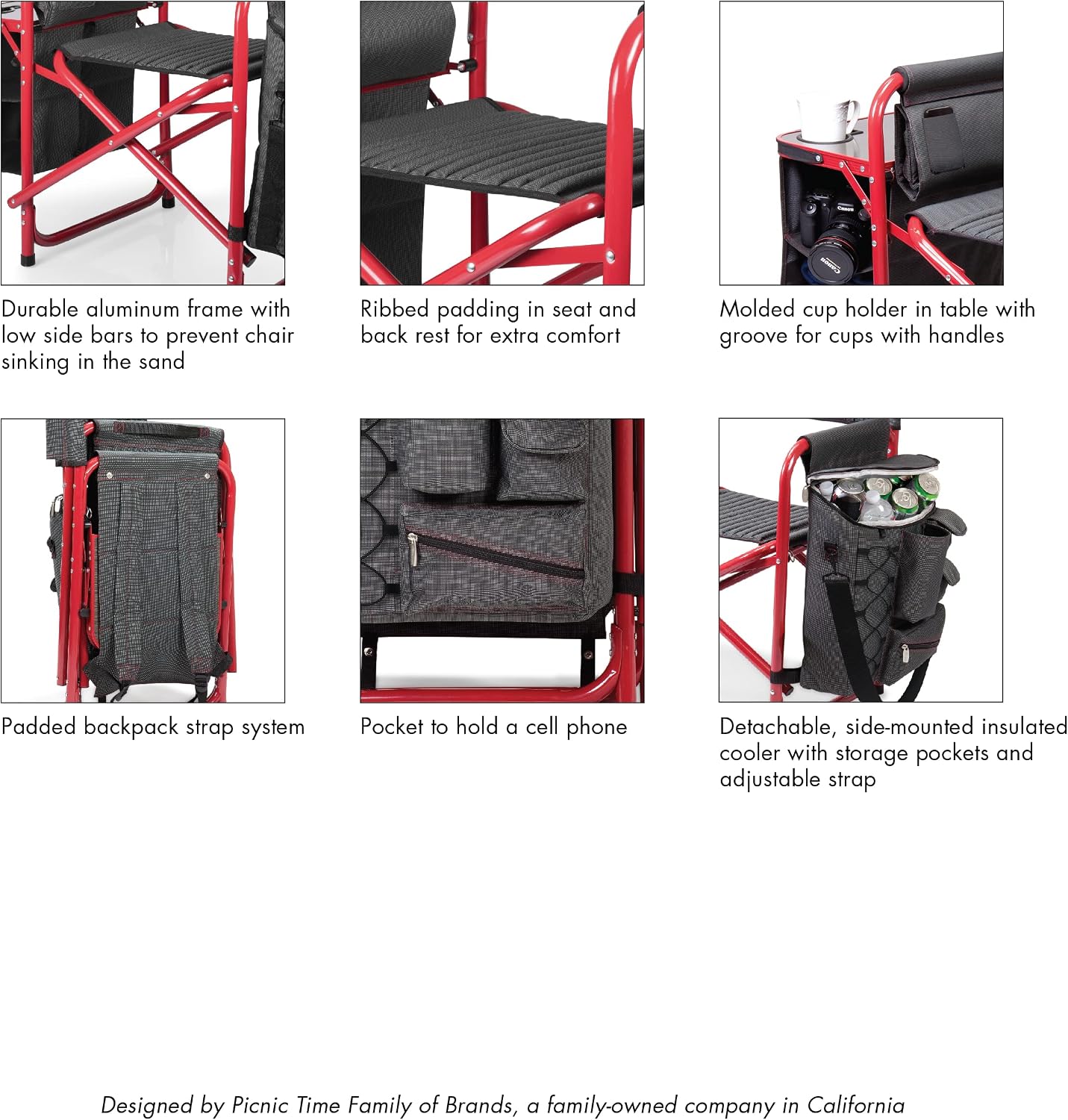 PICNIC TIME Fusion Camping Chair with Side Table and Soft Cooler, Outdoor Foldable Padded Camping Chairs with Cup Holder for Lawn, Beach, & Sports Use for Adults, (Dark Gray Red Accents)