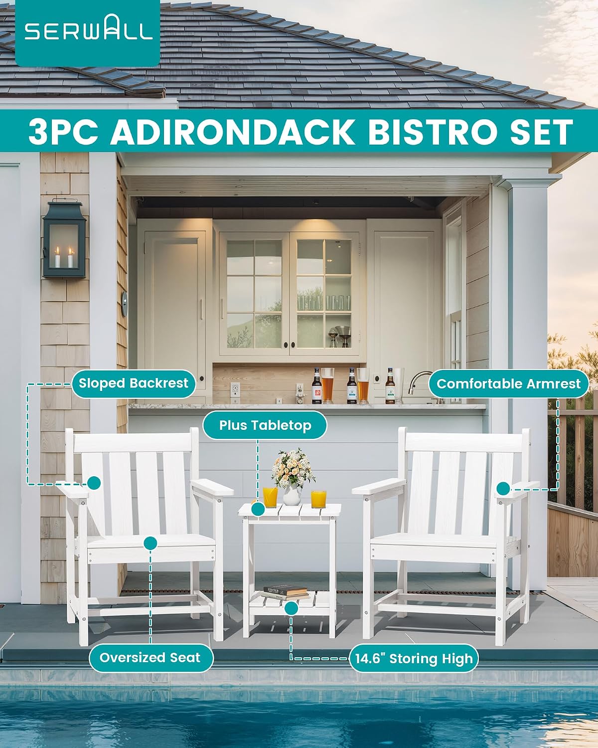 SEWRWALL Patio Furniture Set, HDPE Material All Weather Use Adirondack Chair Set with Side Table for Balcony, Porch, Garden, Backyard- White