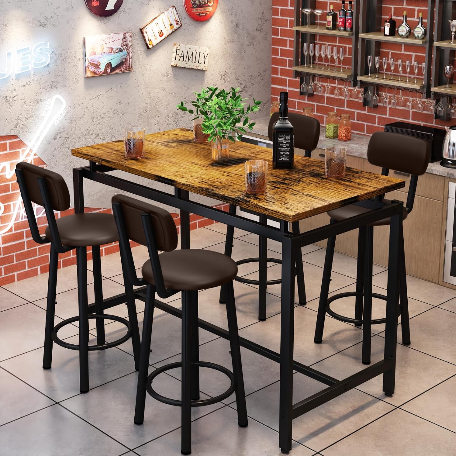 Recaceik Bar Table Set for 4 Bar Table and Chairs Set, Industrial Dinner Table with 4 PU Leather Upholstered Backrest Stool, Counter Height Pub Dining Room Table Set for Apartment Small Spaces
