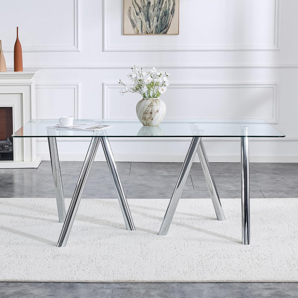 71' Glass Silver Dining Table for 4 6, Modern Kitchen Dining Room Table with 0.39' Thick Tempered Glass Tabletop and Metal Legs, Large Rectangle Dinner Tables for Home Kitchen Living Room