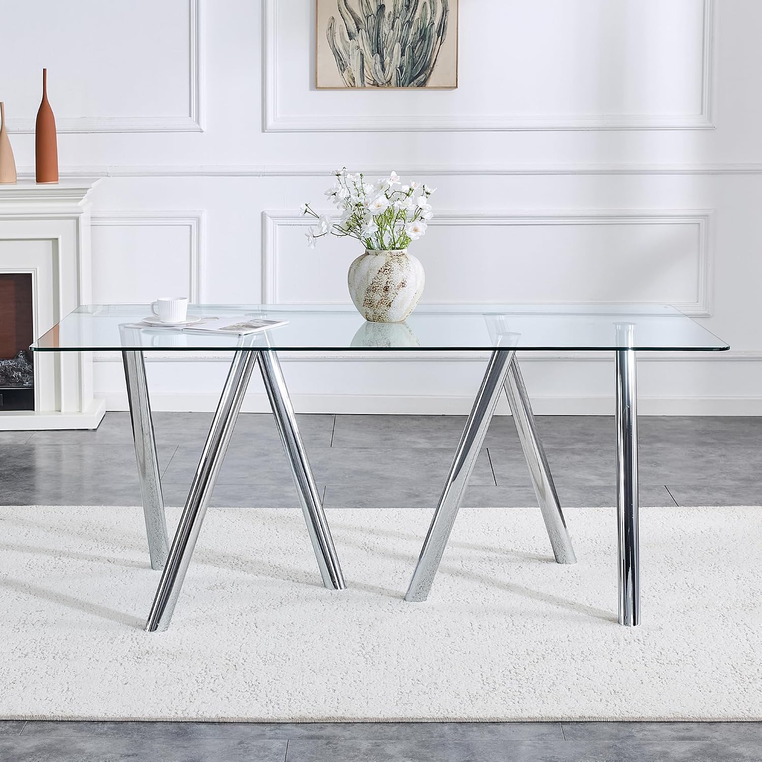 71' Glass Silver Dining Table for 4 6, Modern Kitchen Dining Room Table with 0.39' Thick Tempered Glass Tabletop and Metal Legs, Large Rectangle Dinner Tables for Home Kitchen Living Room