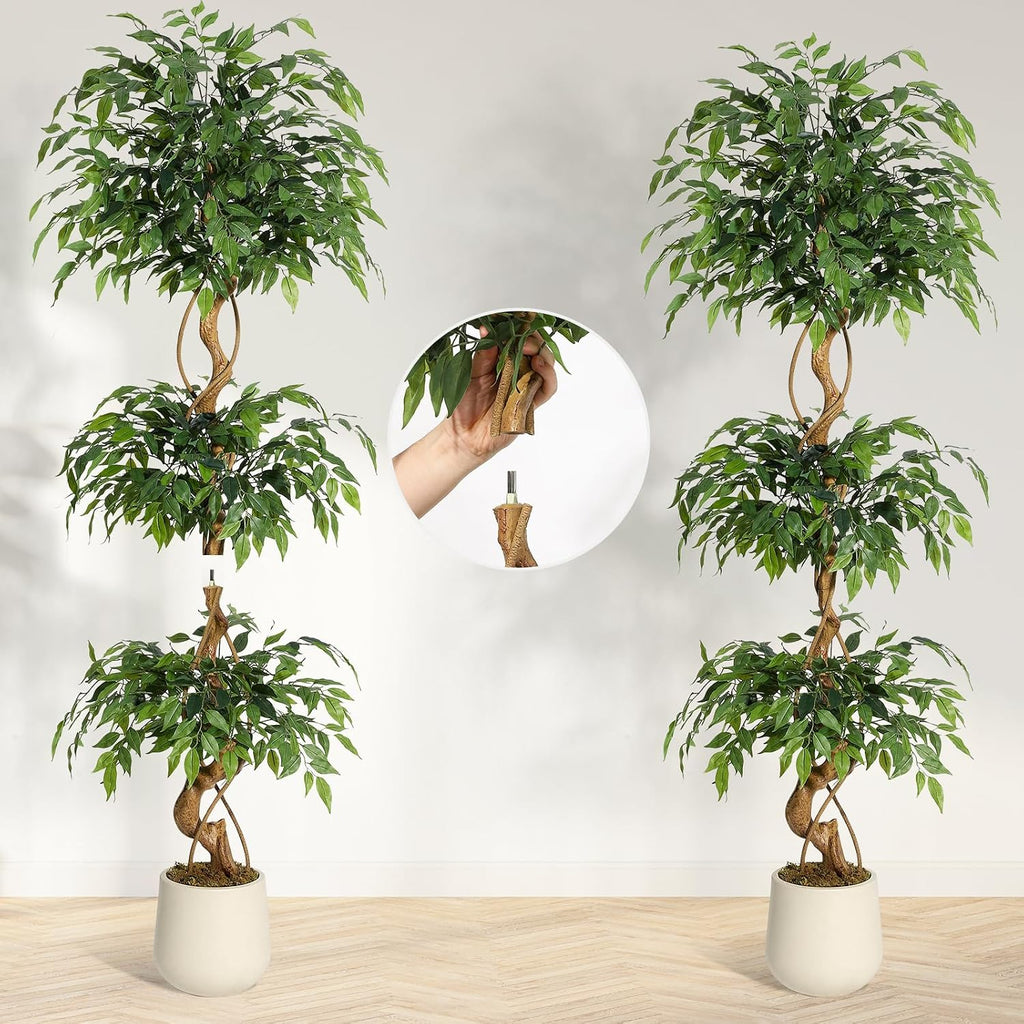 GarveeHome Ficus Artificial Tree with Curved Trunk，6 ft Faux Plant Fake Silk Trees with White Pot, Fake Ficus Tree for Home Decor, Artificial Plants Indoor for Office Living Room