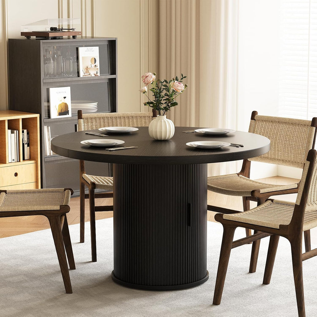 47 inch Round Dining Table for 4, Farmhouse Kitchen Table with 2-Layer Storage Shelf and Wood Slide Door Modern Dinner Table or Home Dining Room Living Room (Black)