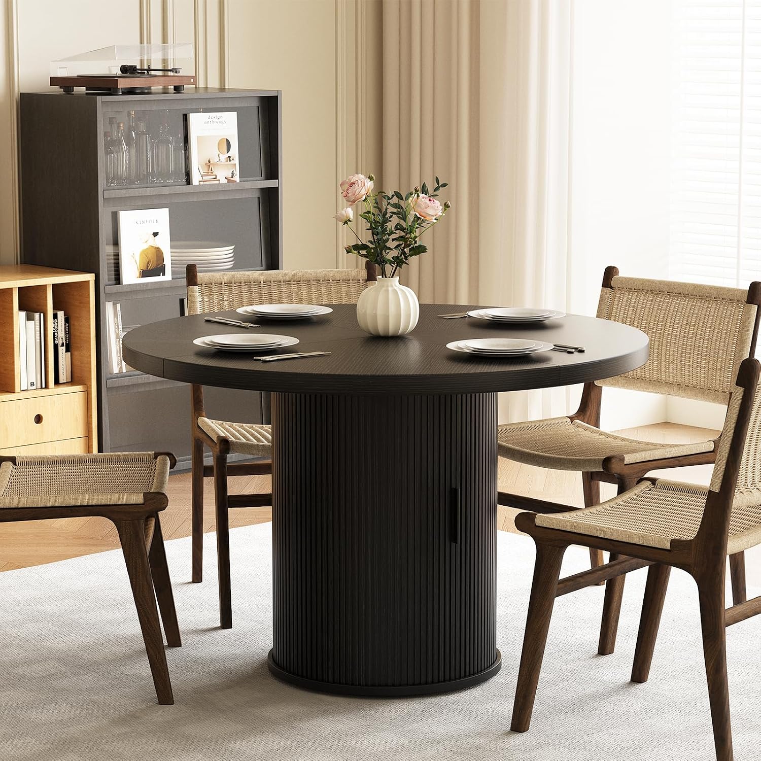 47 inch Round Dining Table for 4, Farmhouse Kitchen Table with 2-Layer Storage Shelf and Wood Slide Door Modern Dinner Table or Home Dining Room Living Room (Black)