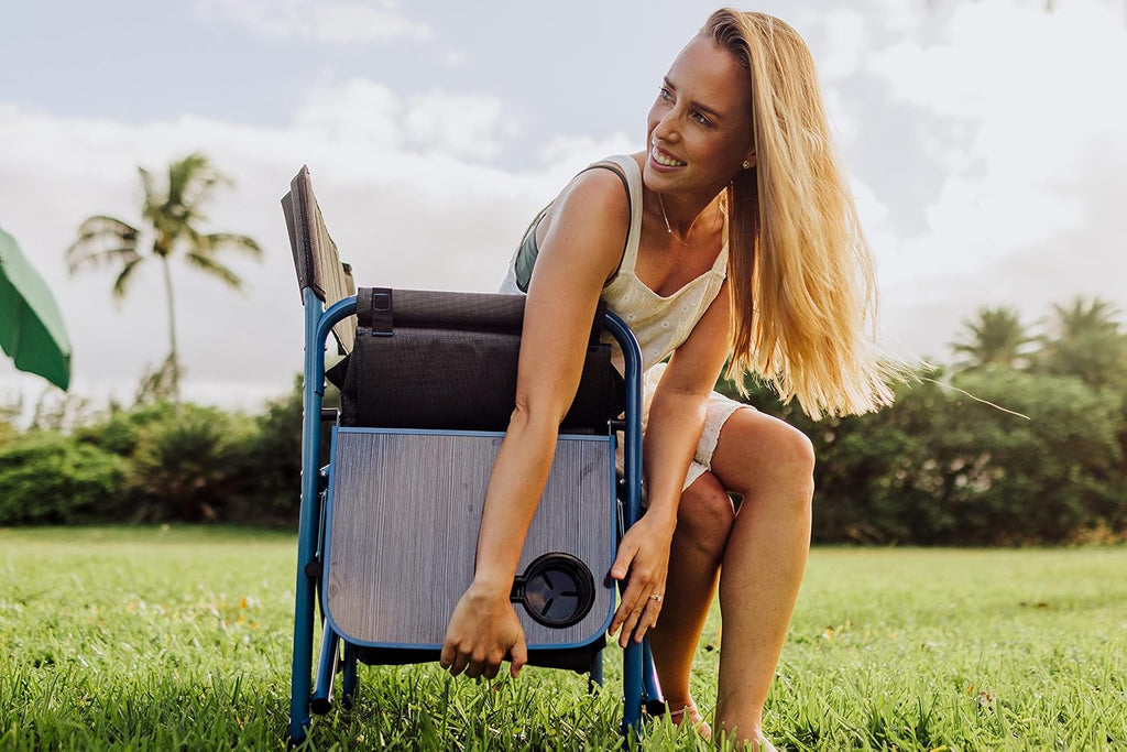 PICNIC TIME Fusion Camping Chair with Side Table and Soft Cooler, Outdoor Foldable Padded Camping Chairs with Cup Holder for Lawn, Beach, & Sports Use for Adults, (Dark Gray Blue Accents)