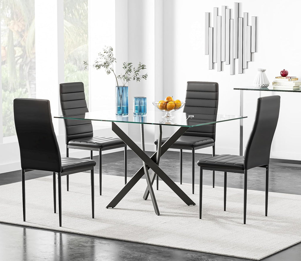 5 Piece Dining Table Table Set, Tempered Glass Dining Table Set for 4 Kitchen Table Set with 4 Upholstered High-Back Chairs for Kitchen Dining Room (Black Table with Black Chair)