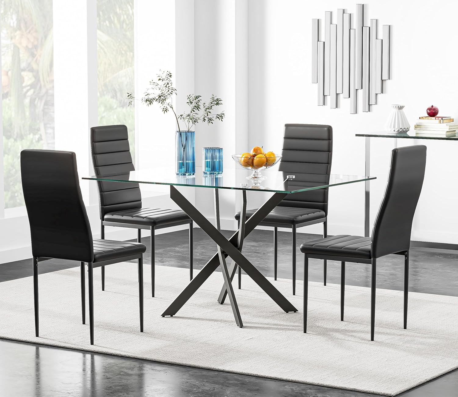5 Piece Dining Table Table Set, Tempered Glass Dining Table Set for 4 Kitchen Table Set with 4 Upholstered High-Back Chairs for Kitchen Dining Room (Black Table with Black Chair)