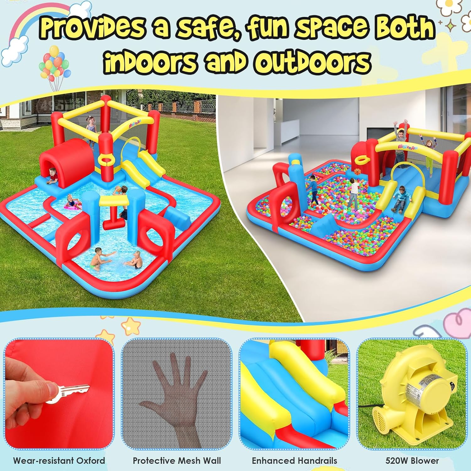 Whubefy Inflatable Water Slide Bounce House Obstacle Course for Kids Backyard Blow Up Water Park w/ 14.3x14.3 ft Large Pool, Sprinkler Hammer, Play Tunnel, Double Ring & Multi-Shape Obstacle Challenge
