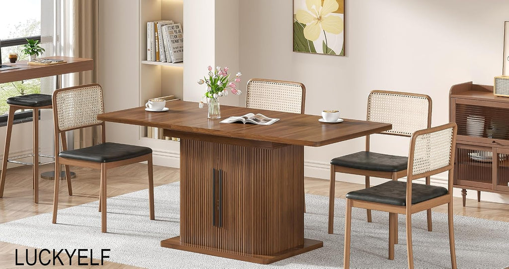 Extendable Dining Room Table for 4-6, 47-65 Inch Rectangle Kitchen Dining Table with Large Storage, Fluted Sliding Door, Expandable Mid Century Modern Dinner Furniture, Living Room, Walnut, Brown