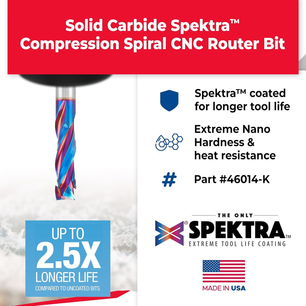 Amana Tool Spektra Extreme Tool Life Solid Carbide CNC Compression Spiral Router Bit, 46014-K, 1/2 D x 1-5/8 CH x 1/2 Shank x 3-1/2 Inch Long 3 Flute