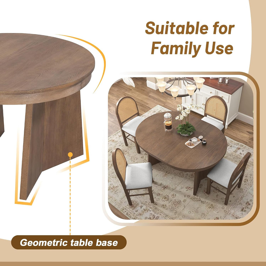 Merax Extendable Round Dining Table Set for 4, Wooden Construction with Upholstered Chairs with Rattan Backrests, Retro Style for Kitchen, Indoor Use, Walnut