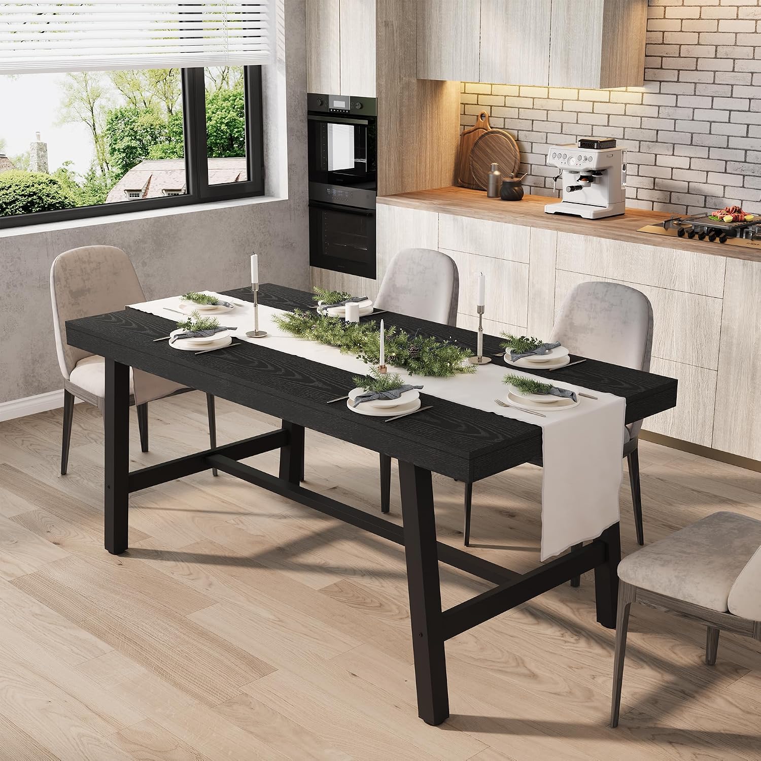 GarveeHome Industrial Dining Table for 4-6 People, 63' Long Large Kitchen Table with Sturdy Metal Frame, Rectangular Counter for Dinner, Kitchen, Dining Room (Black, 63' Non-extendable)