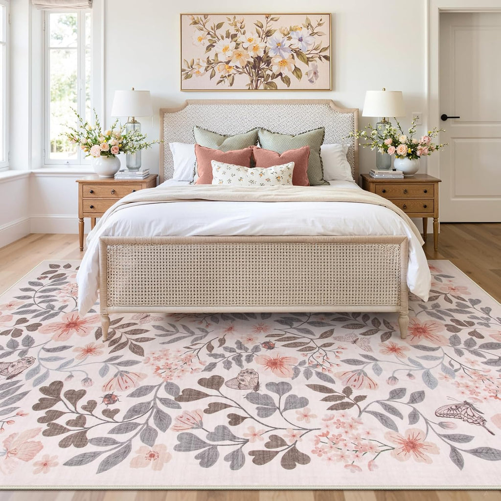 Lahome Reverie 8x10 Fall Floral Area Rugs for Bedroom, Apricot Boho Decor Washable Carpet, Non-Slip Rug for Girls Nursery, Living Room, Dorm, Apartment Decor, Cozy Retreat
