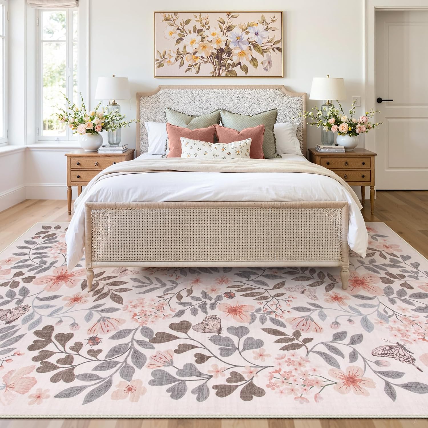 Lahome Reverie 8x10 Fall Floral Area Rugs for Bedroom, Apricot Boho Decor Washable Carpet, Non-Slip Rug for Girls Nursery, Living Room, Dorm, Apartment Decor, Cozy Retreat