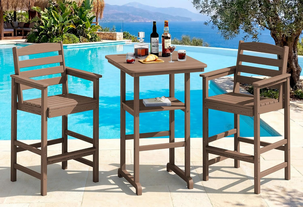SERWALL Balcony Adirondack Chairs and Table 3 Pieces Set, Oversize Adirondack Bar Height Chairs Set of 2 and Bar Table, Outdoor Bar Stools Set, Brown