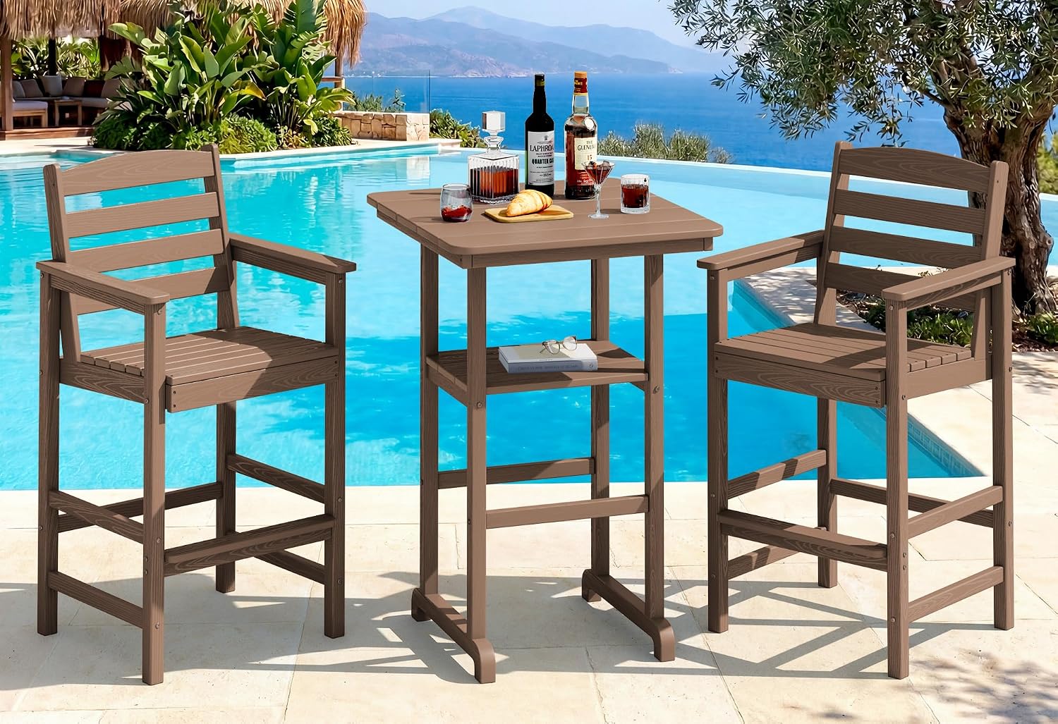 SERWALL Balcony Adirondack Chairs and Table 3 Pieces Set, Oversize Adirondack Bar Height Chairs Set of 2 and Bar Table, Outdoor Bar Stools Set, Brown