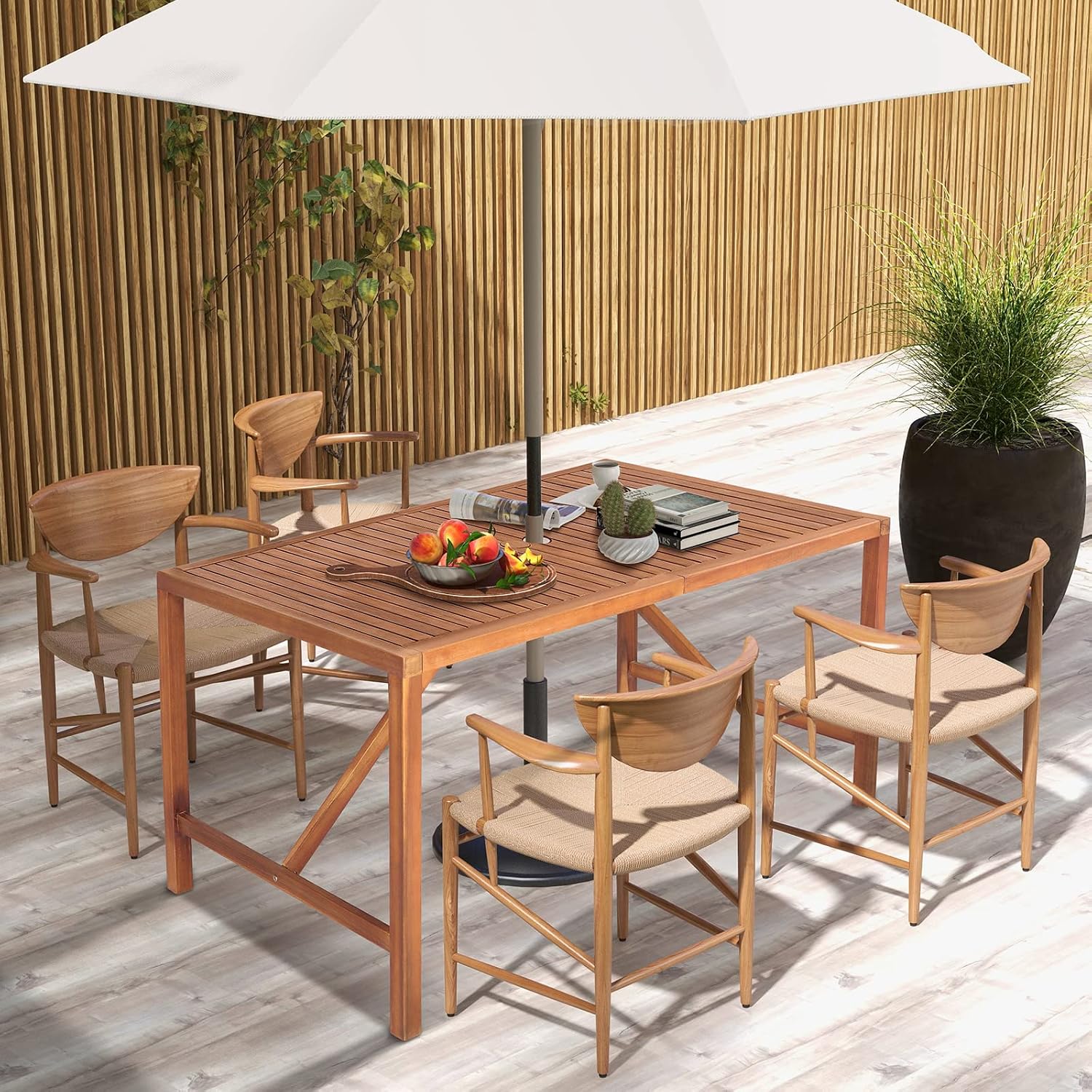 Tangkula 55' Acacia Wood Outdoor Dining Table for 4-6 Person, Rectangular Patio Dining Table with 2' Umbrella Hole and Support Bars, Indoor Outdoor Dining Furniture for Deck, Garden, Poolside & Yard