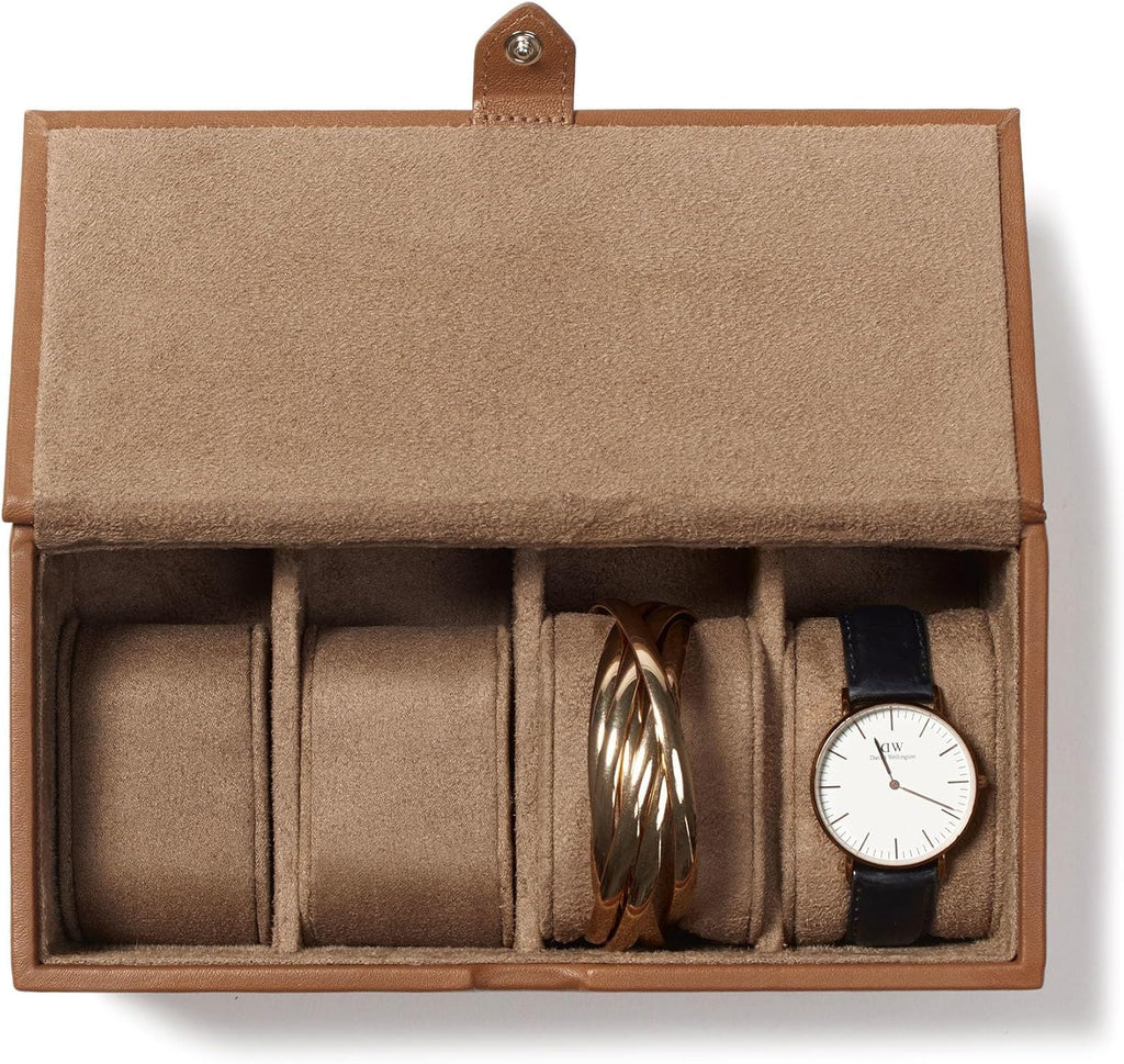 Leatherology Cognac Watch & Bracelet Box – Full Grain Leather Jewelry Organizer with 4 Microsuede-Lined Compartments, Removable Cushions & Snap Closure – Storage for Watches and Accessories