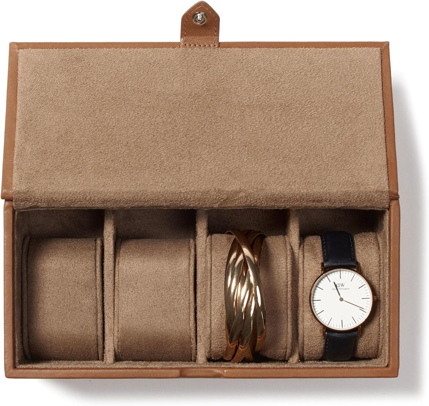 Leatherology Cognac Watch & Bracelet Box – Full Grain Leather Jewelry Organizer with 4 Microsuede-Lined Compartments, Removable Cushions & Snap Closure – Storage for Watches and Accessories