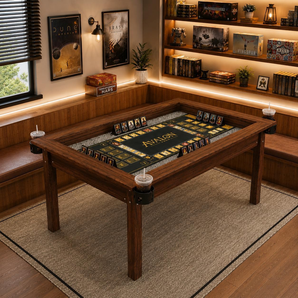 63'x40' Board Game Table with Rotating Cup Holders for 4 Players, Gaming Dining Table with Removable Table Top & Non-Slip Play Mat, Multifunctional Table with for DND/Poker/Mahjong/Card Games