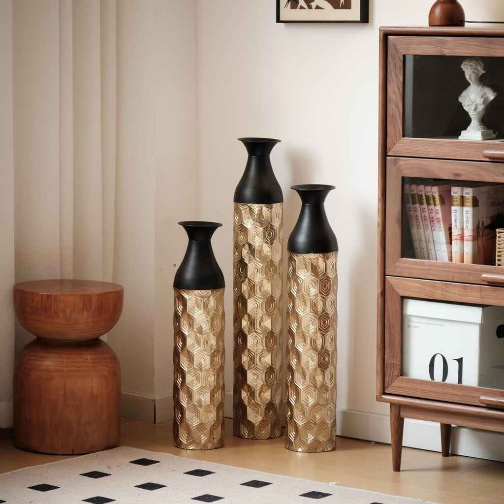 Floor Metal Decorated Vases Set of 3 for Gorgeous Home Decoration Large Glazed Metal Vases (Black+Gold)