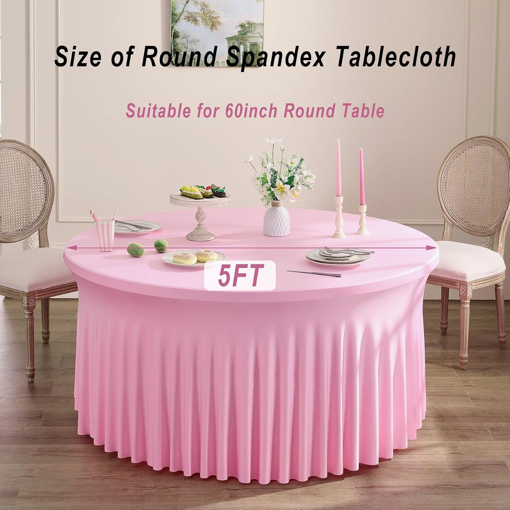 12 Pack Baby Pink Spandex Round Tablecloths for 60 inch Table, Wrinkle Free Stretchy 120inch Fitted 5FT Round Table Cloths Cover with Skirt for Wedding Party Dining Banquet Events