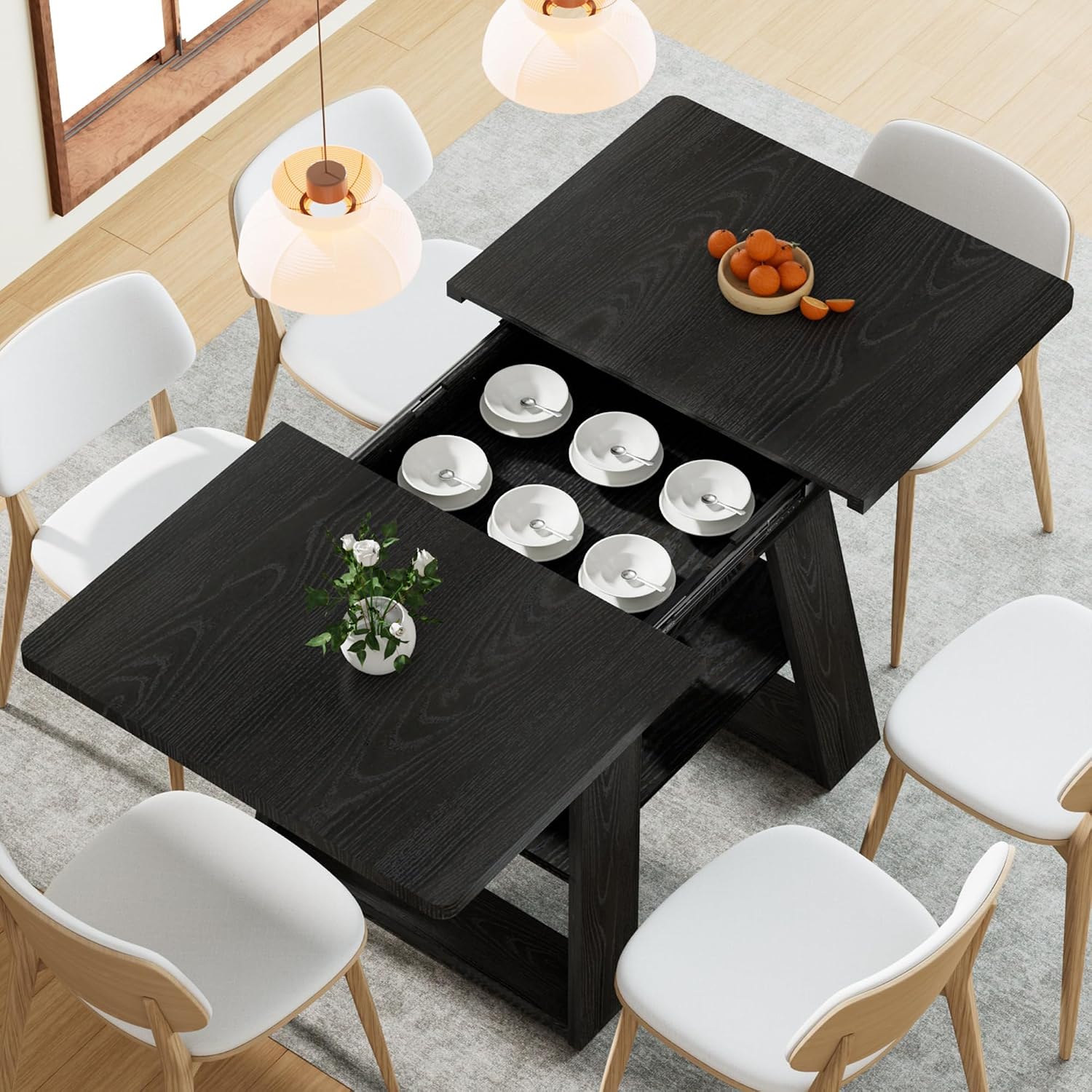 Lxsxlome 47.24''-66.92'' Extendable Dining Room Table for 4-6, Rectangle Extendable Kitchen Table with Removable Leaves, Space Saving, Wooden Dining Table with Storage Shelf (Style 2, Black)
