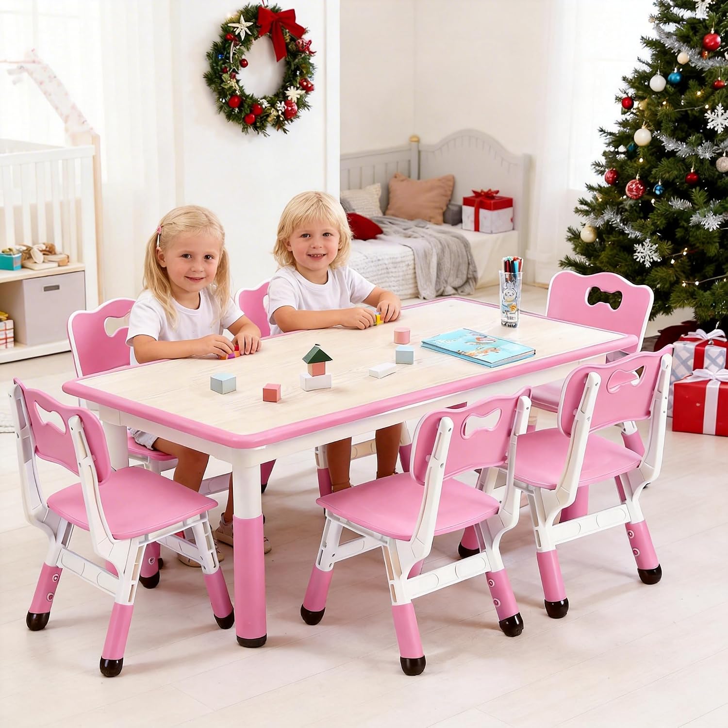 Garvee Kids Table and 6 Chair Set,47 in Modern Height Adjustable Toddler Table and 6 Chairs Set with Non-Slip Desk Legs&Organizer Graffiti Desktop, Preschool Activity Art Craft Tables for 6(Pink)