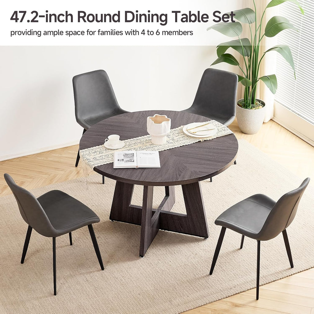 47 inch Round Dining Table Set for 4 with Chairs Kitchen Table and Chairs Set Mid-Century Modern Round Wood Kitchen Tables with Upholstered Synthetic Leather Chairs Set of 4