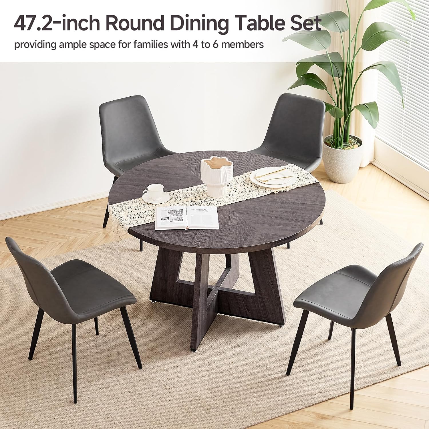 47 inch Round Dining Table Set for 4 with Chairs Kitchen Table and Chairs Set Mid-Century Modern Round Wood Kitchen Tables with Upholstered Synthetic Leather Chairs Set of 4