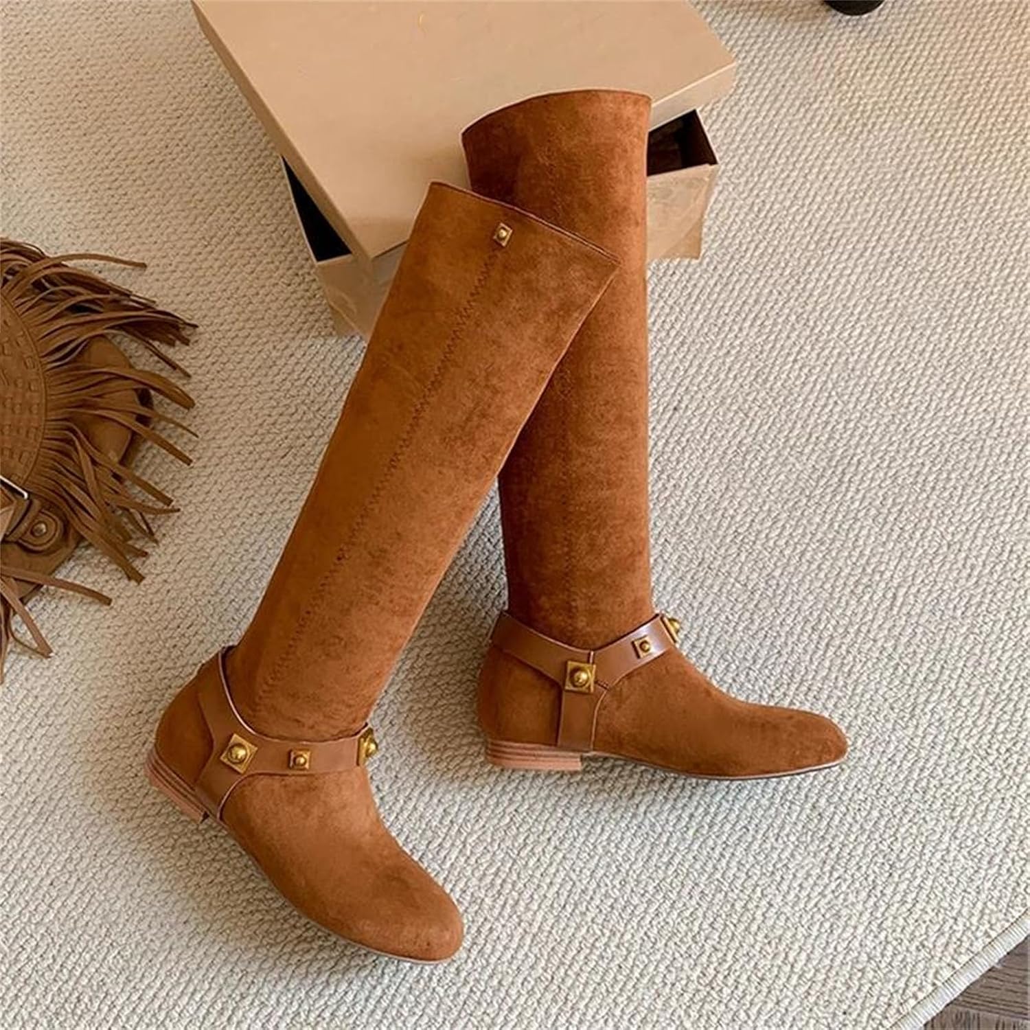 Women's Round Toe Suede Knee High Boots Low Heel Metal Rivet Belt Buckle Fall Winter Fashion Shoes