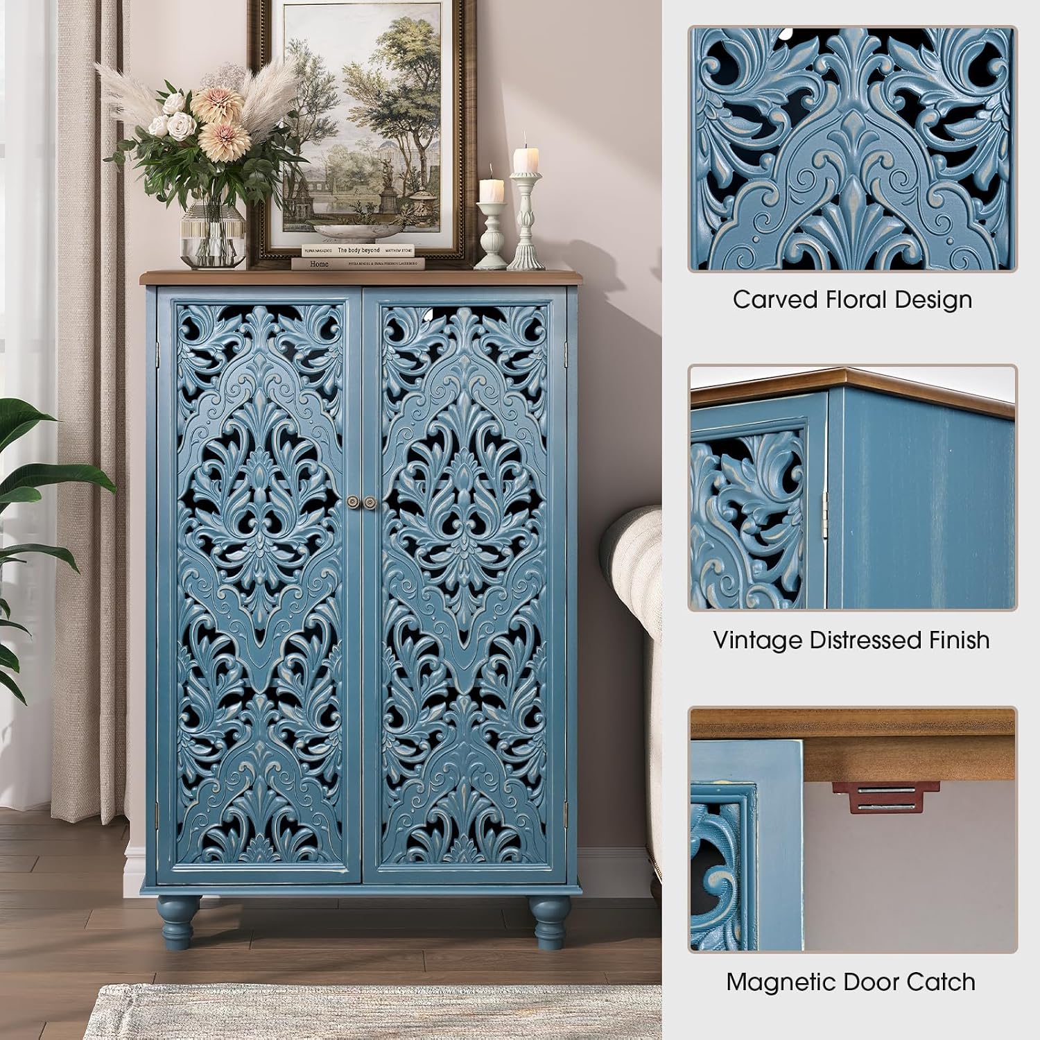 JOINICE 47' Tall Accent Cabinet with Doors and Shelves, Storage Cabinet with Solid Wood Legs for Living Room,Entryway,Dining Room,Bedroom(Blue & Walnut)