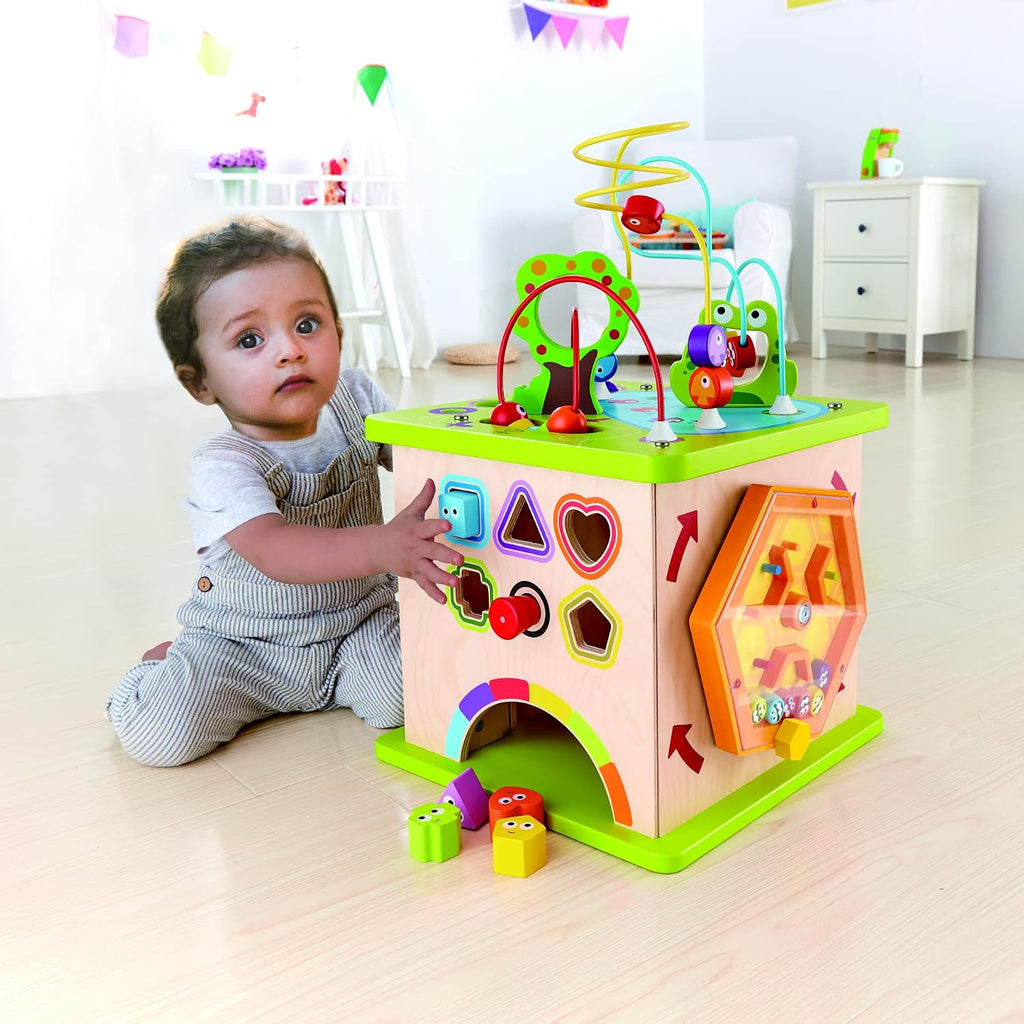 Hape Country Critters Play Cube| Wooden Learning Puzzle Toy for Toddlers, 5-Sided Activity Centre with Animal Friends, Shapes, Mazes, Wooden Balls, Shape Sorter Blocks and More