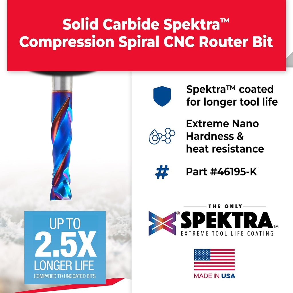 Amana Tool Spektra Extreme Tool Life Solid Carbide CNC Compression Spiral Router Bit, 46195-K, 1/2 D x 1-3/4 CH x 1/2mm Shank x 3-1/2 Inch L 2 Flute
