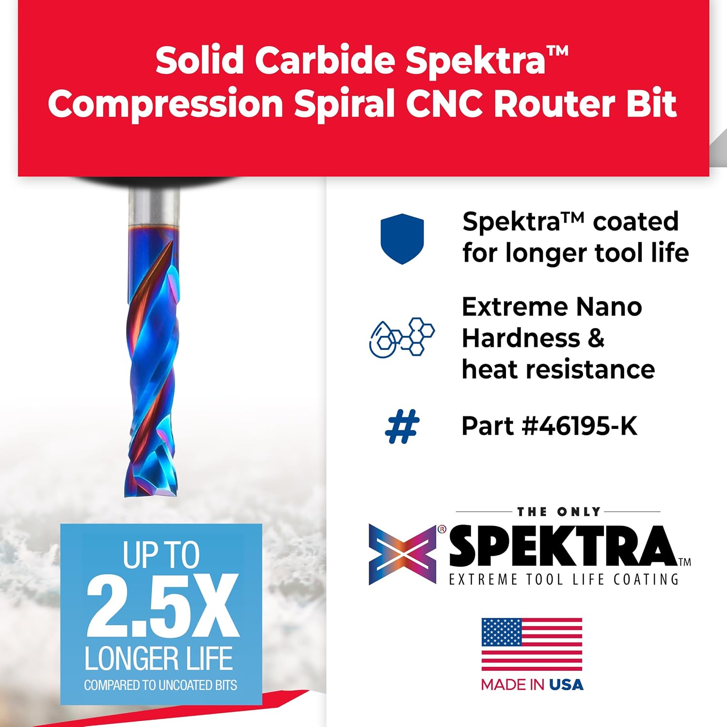 Amana Tool Spektra Extreme Tool Life Solid Carbide CNC Compression Spiral Router Bit, 46195-K, 1/2 D x 1-3/4 CH x 1/2mm Shank x 3-1/2 Inch L 2 Flute