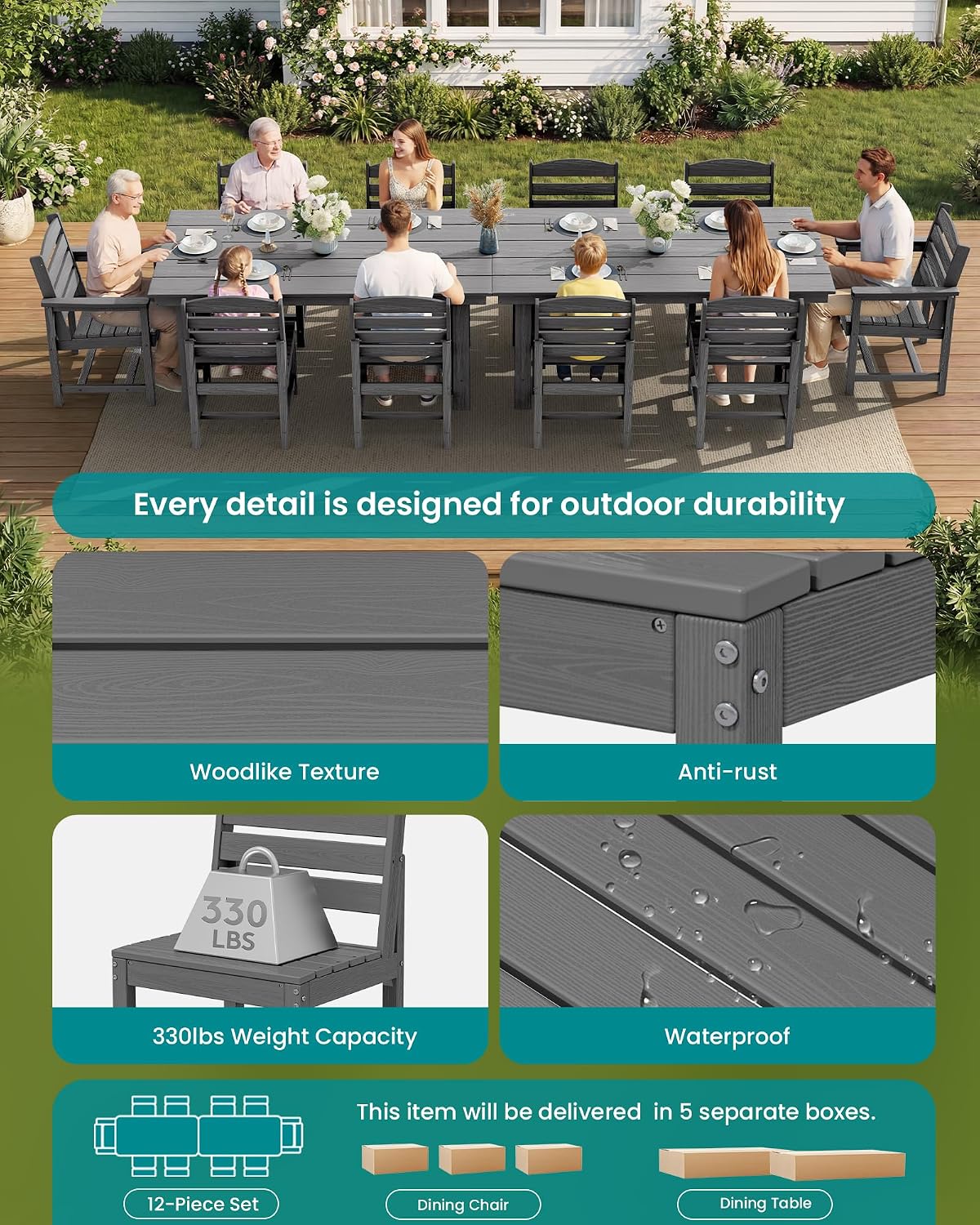 SERWALL Patio Dining Sets for 10 Person, HDPE Dining Set with 2 Tables, 8 Armless Chairs and 2 Armed Dining Chairs, Gray