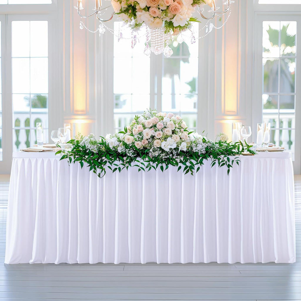 Wish Care 6 Pack White Rectangle Table Clothes for 8 Foot Tables, Polyester Fitted Tablecloths 8ft Stretch Table Cover for Wedding, Birthday, Parties, Trade Show, Craft Show