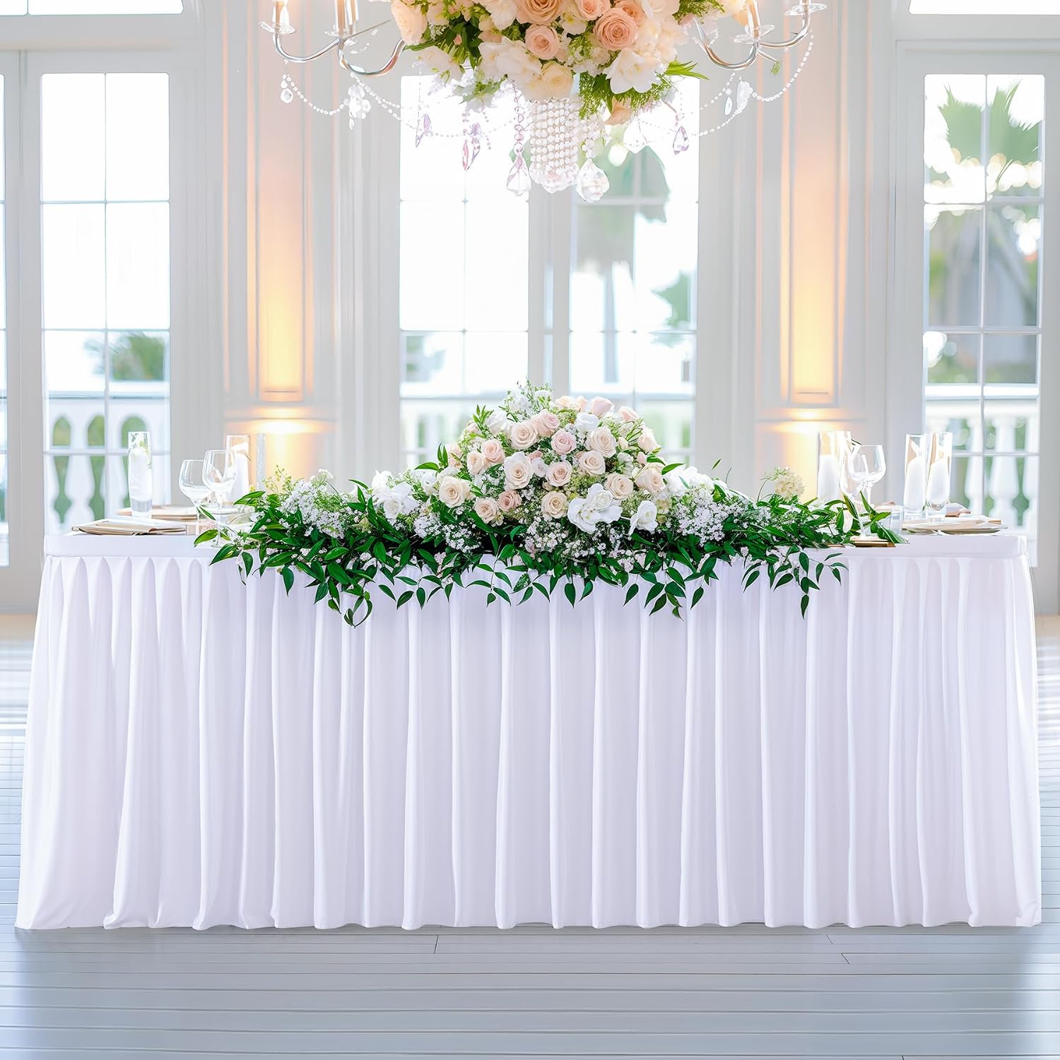 Wish Care 6 Pack White Rectangle Table Clothes for 8 Foot Tables, Polyester Fitted Tablecloths 8ft Stretch Table Cover for Wedding, Birthday, Parties, Trade Show, Craft Show