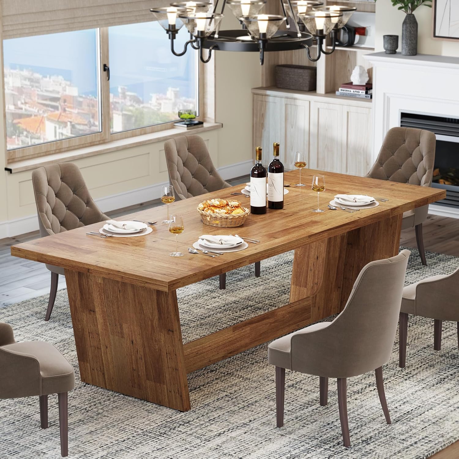 Tribesigns 70.87-Inch Large Dining Table: Wood Long Dining Room Table for 6-8, Rectangular Farmhouse Kitchen Dinner Table with Solid Pedestal, Yellow Brown