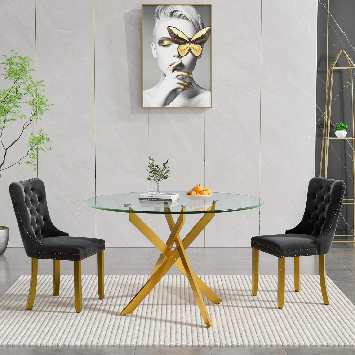 HomVent 3 Piece Round Glass Dining Table Set, Tempered Glass Dinner Table Set for 2 Kitchen Table Set with 2 Velvet Upholstered Chairs for Kitchen Dining Room