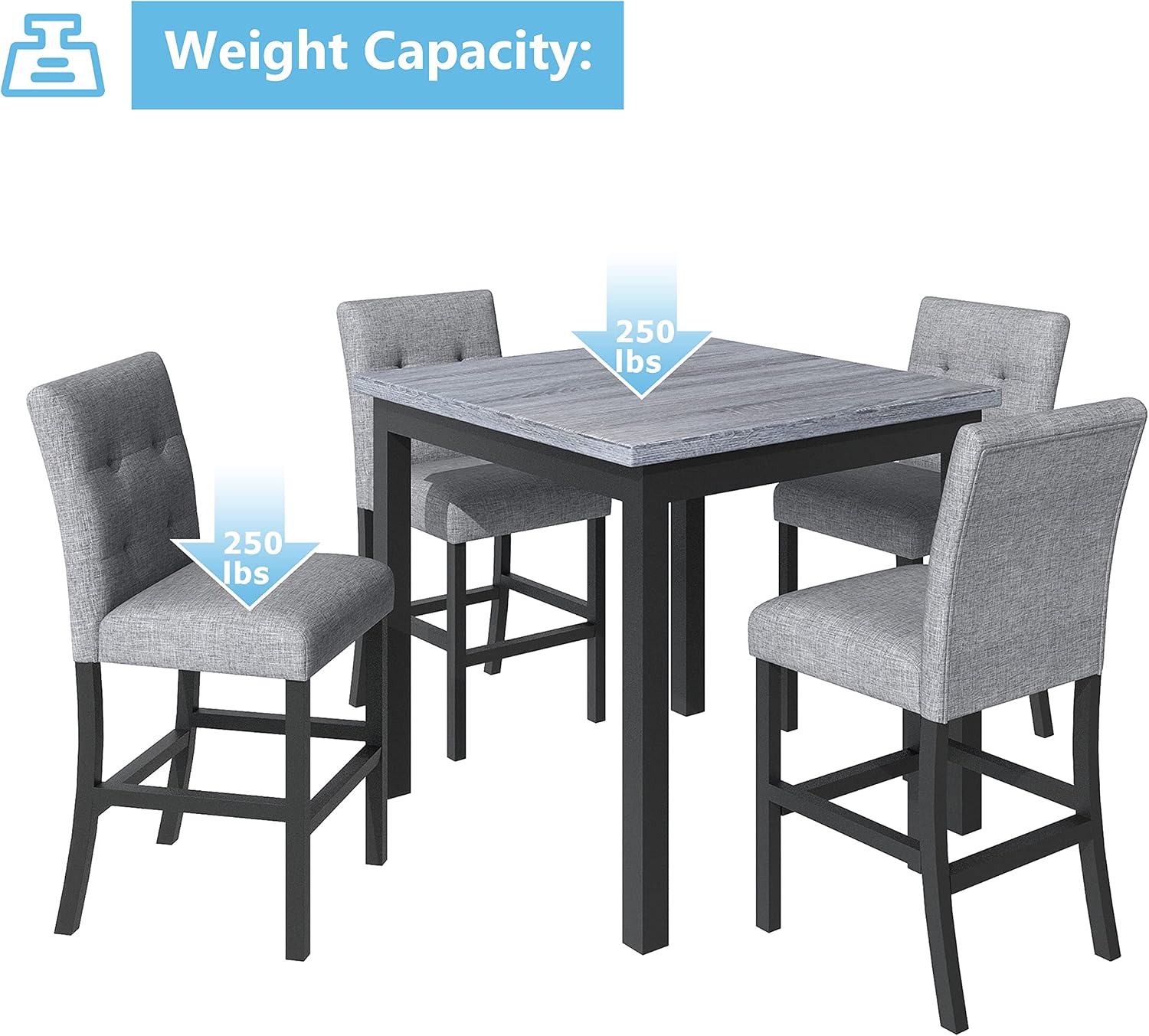 Bellemave 5 Piece Counter Height Dining Table Set for 4 High Top Square Kitchen Table and Chairs Dinning Room Small Breakfast Table Set Pub Table and High-Back Chairs Set of 4.(Grey)
