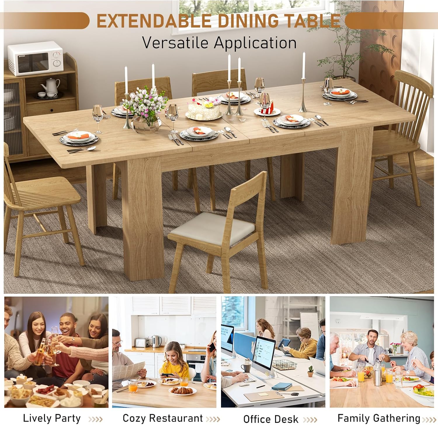 59'-86' Extendable Dining Table for 6-10 Person, Wooden Dining Room Table, Modern Extendable Table for Gatherings, Meeting for Small Kitchens, Dining Office Areas(Natural)