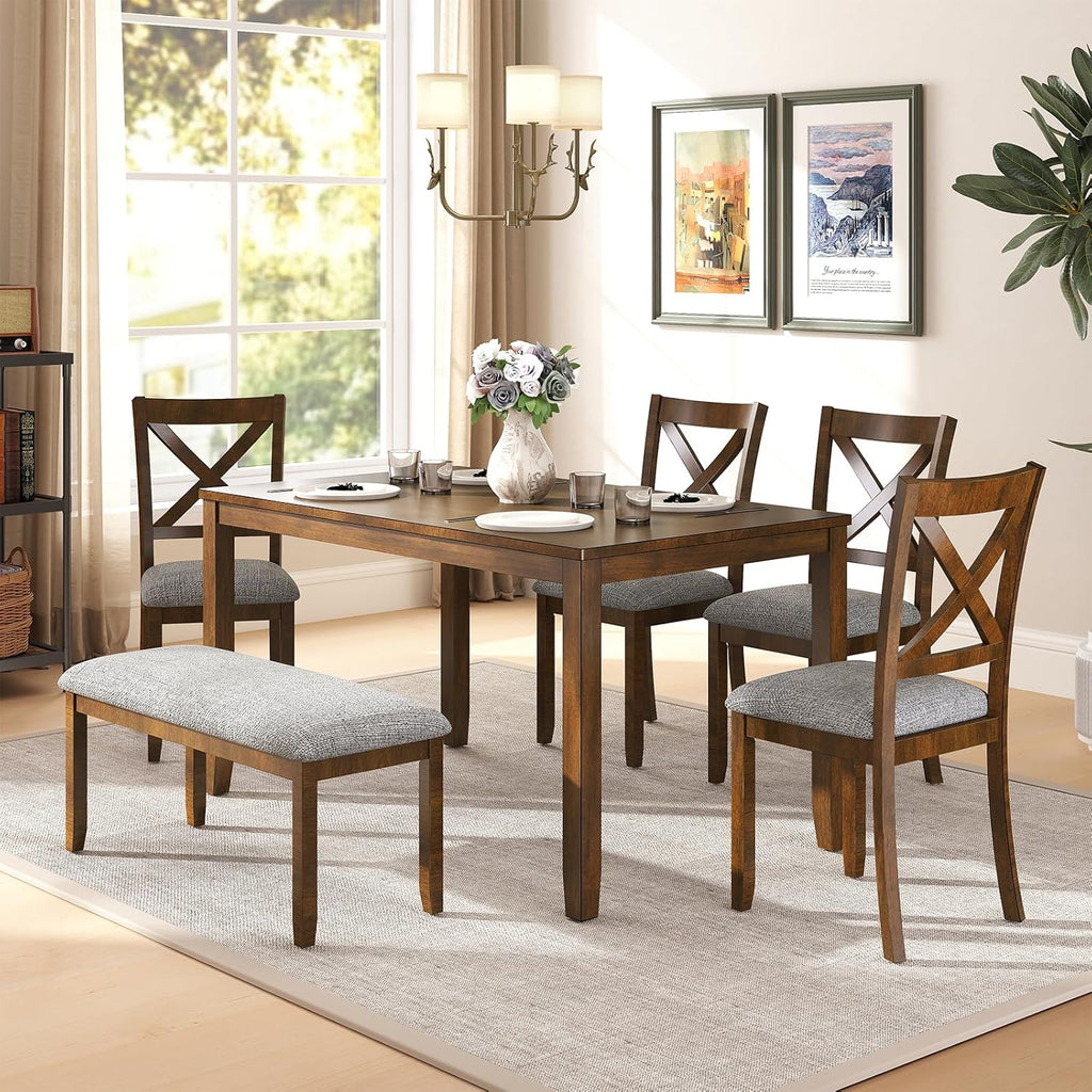 Zevemomo 6-Piece Wooden Dining Table Set, Dining Table Set for 6, Including 1 Dining Table, 4 Upholstered Chairs and 1 Bench, Wooden Legs Dining Table, Table Set for Dining Room & Kitchen, Walnut